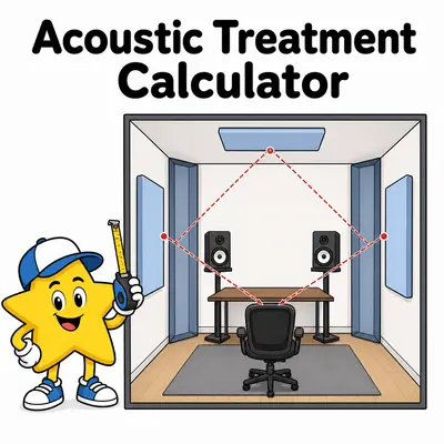 Acoustic treatment calculator showing panels, bass traps, and first-reflection paths