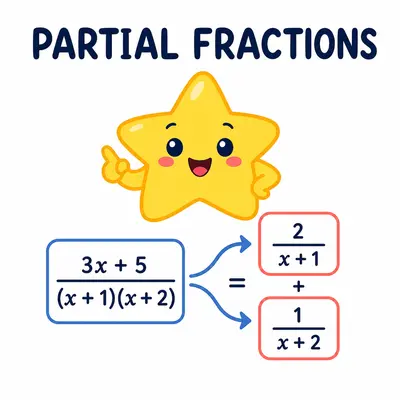 Yellow star mascot decomposing an algebraic fraction into partial fractions