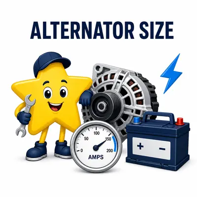 Alternator size calculator with alternator, amperage gauge, and electrical loads