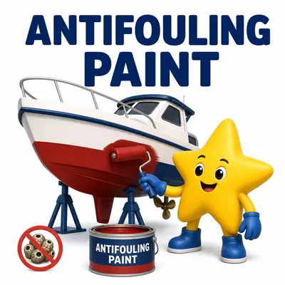 Yellow star boatyard mascot applying antifouling paint to a boat hull