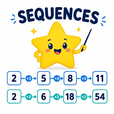 Yellow star mascot comparing arithmetic and geometric sequence patterns