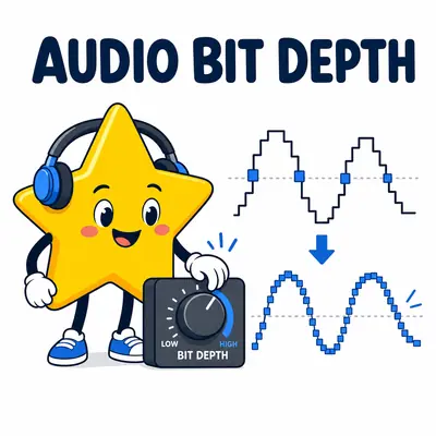 Quantized audio wave showing coarse and fine bit-depth resolution above a noise floor