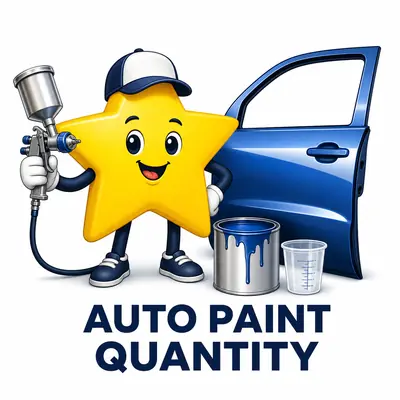 Car with highlighted exterior panels beside a paint cup, spray gun, and coverage gauge