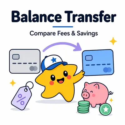 Balance transfer calculator with a star mascot, two credit cards, transfer arrow, fee tag, and savings