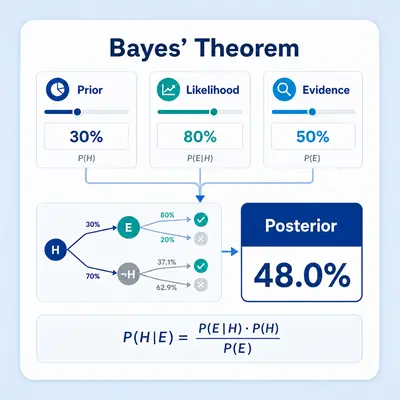 Bayes’ theorem calculator connecting prior, likelihood, and evidence to a posterior probability