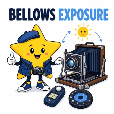 Large-format camera with extended bellows and exposure compensation meter