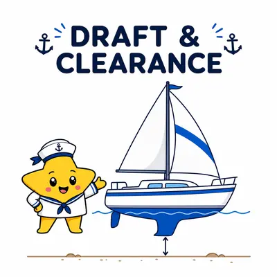 Sailboat keel above the seabed with draft and clearance markers