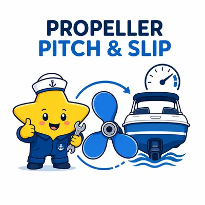 Yellow star sailor-mechanic beside a boat propeller and speed gauge