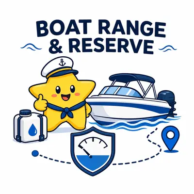 Yellow star sailor with a motorboat, fuel reserve gauge, and plotted range