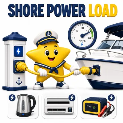Yellow star sailor connecting a shore-power cable beside an amperage gauge