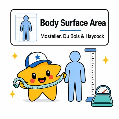 Body surface area calculator with a star mascot, measuring tape, height ruler, and scale
