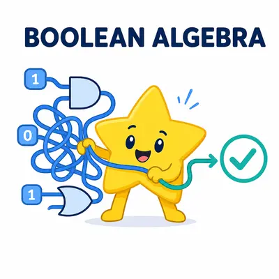 Yellow star mascot simplifying a Boolean expression with logic gates