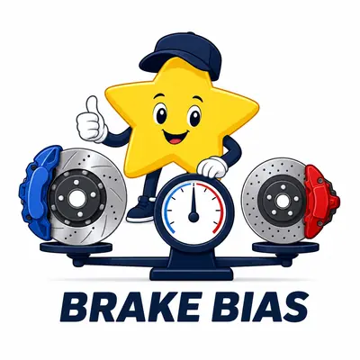 Brake bias calculator with blue front brakes, orange rear brakes, and a balance indicator