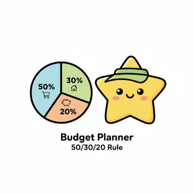 Budget Planner 50/30/20 preview with donut chart and progress bars