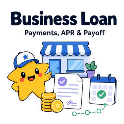 Business loan calculator with a star mascot, storefront, loan document, coins, and repayment calendar