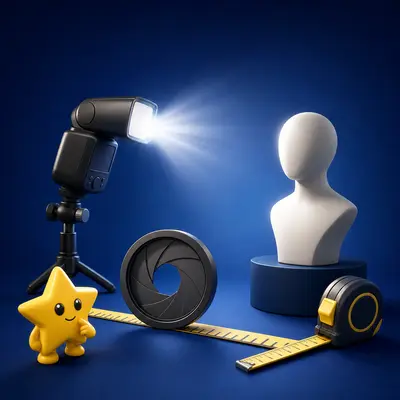 Studio flash illuminating a subject beside an aperture iris and measuring tape