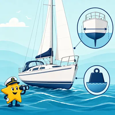 Yellow star sailor beside a sailboat with beam and displacement symbols