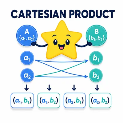 Yellow star mascot pairing two finite sets into a Cartesian product