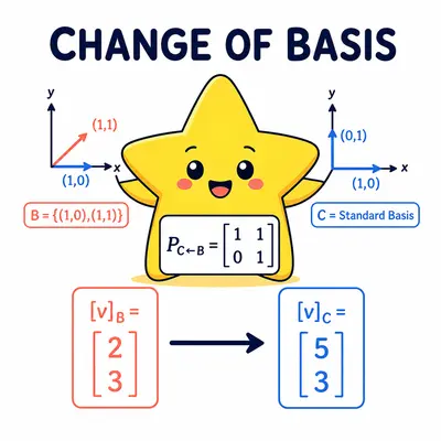 Yellow star mascot converting vector coordinates between two bases