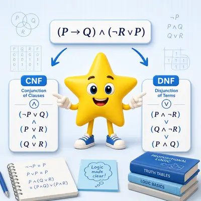 Yellow star mascot comparing CNF and DNF logic forms