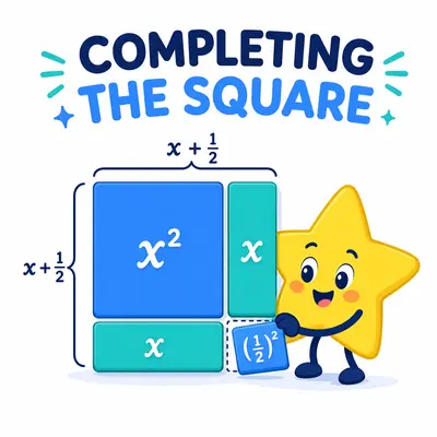 Yellow star mascot arranging algebra tiles to complete a square