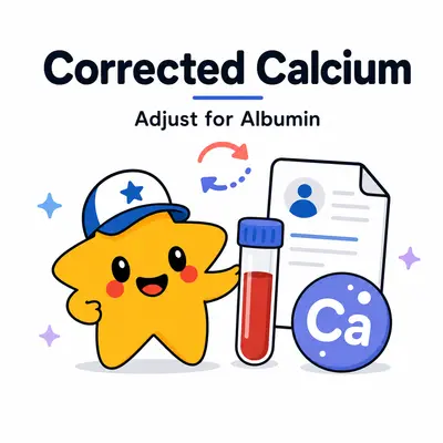 Corrected calcium calculator with a star mascot, calcium sample, and albumin adjustment
