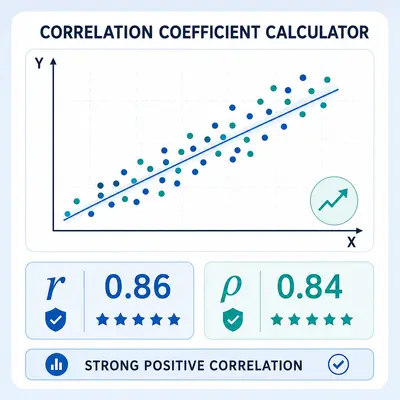 Correlation coefficient calculator with an upward-trending scatterplot and Pearson and Spearman results