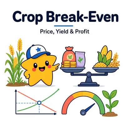 Crop break-even calculator with a star mascot, crops, cost and revenue balance, crossing chart, and profit gauge