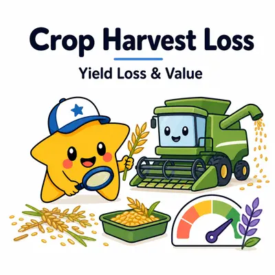 Crop harvest loss calculator with a star mascot, combine harvester, spilled grain, recovery tray, and loss gauge
