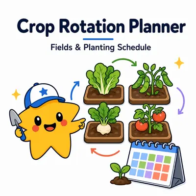 Crop rotation planner with a star mascot, four garden beds, rotation arrows, and planting calendar
