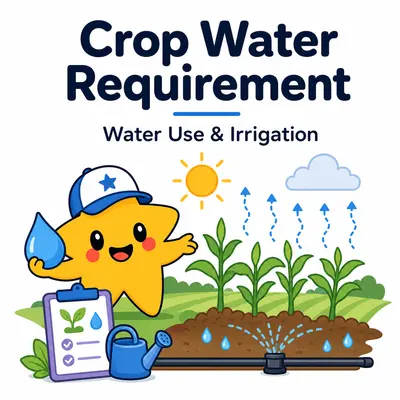 Crop water requirement calculator with a star mascot, field, weather, evapotranspiration arrows, and irrigation line