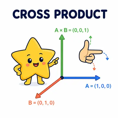 Yellow star mascot calculating the cross product of two 3D vectors