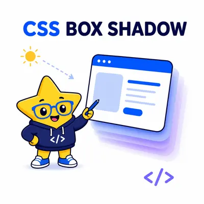Yellow star developer beside a web card with layered blue and purple shadows