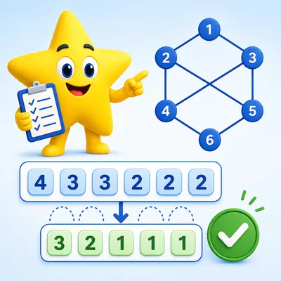 Yellow star mascot checking a degree sequence beside a simple graph