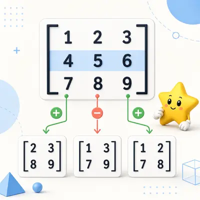 A determinant calculator expanding a 3 by 3 matrix into signed 2 by 2 minors