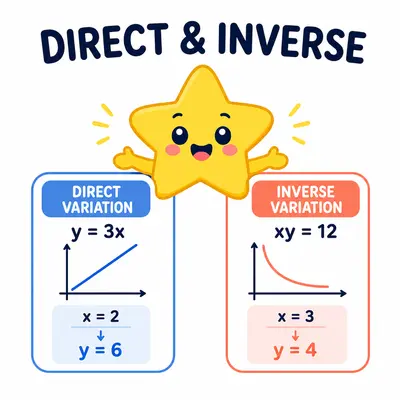 Yellow star mascot comparing direct and inverse variation