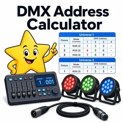 DMX address calculator with fixture channel modes and universe patch tables