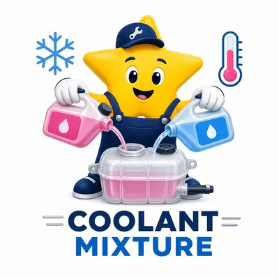 Engine coolant mixture calculator with antifreeze and water streams, a ratio gauge, and freeze protection symbol