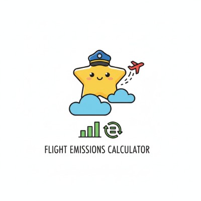 Flight Emissions Calculator preview with legs, seat class, aircraft preset, and RFI toggle