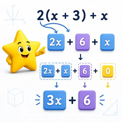 Yellow star mascot demonstrating how an expression expands and like terms combine