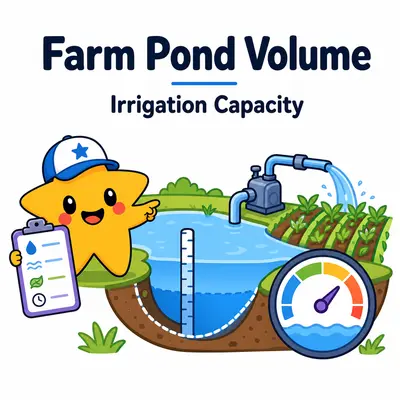 Farm pond volume calculator with a star mascot, pond profile, depth rod, irrigation pump, field, and capacity gauge