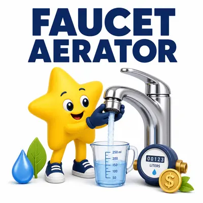 Faucet aerator water savings calculator with a chrome bathroom faucet, controlled stream, and measuring cup