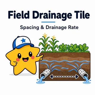 Field drainage tile calculator with a star mascot, soil cutaway, water table, parallel drain pipes, and spacing arrow