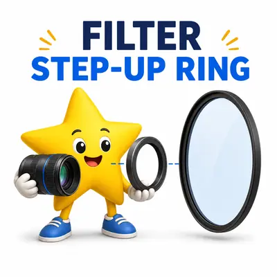 Camera lens and larger filter connected by a metal step-up adapter ring