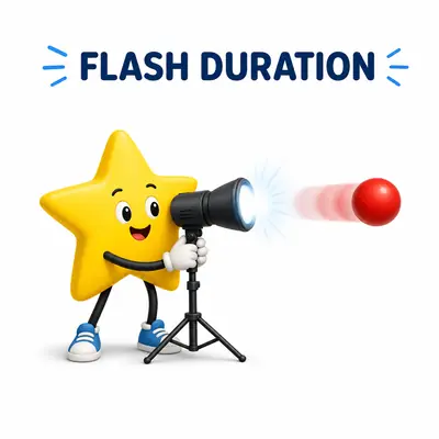 Studio strobe freezing a fast red ball beside a flash pulse and distance scale