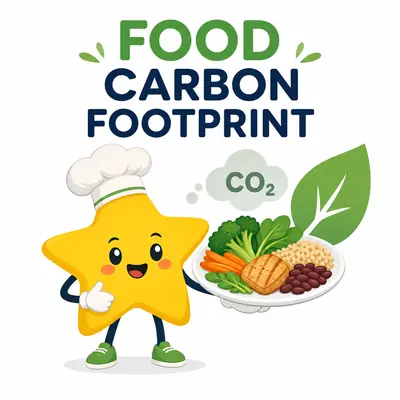 Food carbon footprint calculator showing meal ingredients around a green emissions gauge