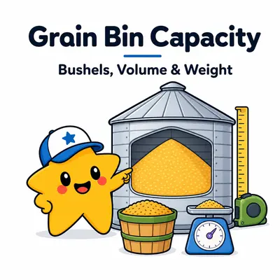 Grain bin capacity calculator with a star mascot, round bin cutaway, peaked grain, measuring tape, basket, and scale