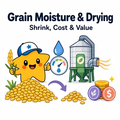 Grain moisture and drying calculator with a star mascot, moisture gauge, dryer, shrink arrow, grain piles, and cost coins