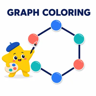 Yellow star mascot painting a valid coloring on a six-cycle graph