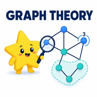 Yellow star mascot examining graph vertices, edges, degrees, and components